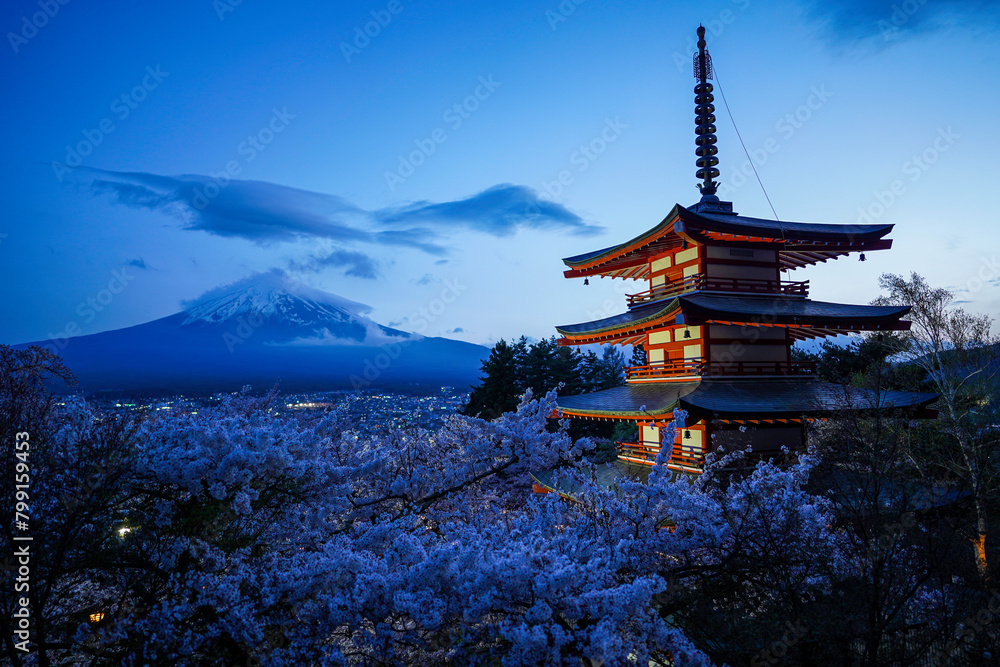 Obraz premium Beautiful Chureito Pagoda with cherry blossom and Mt. Fuji in the background during sunset (Image slightly contain noise)