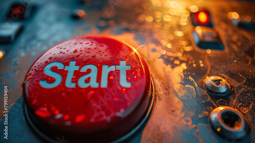 Red start button with water droplets.