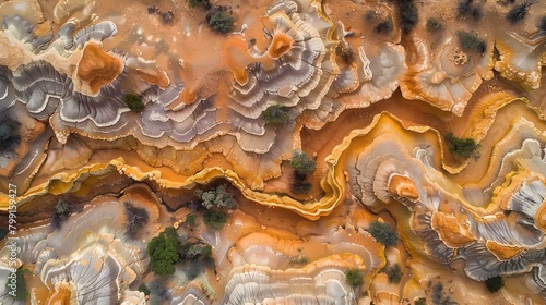 Dramatic Aerial View of Intricate Sandstone Formations in Desert Landscape with Winding Paths and Deep Pits