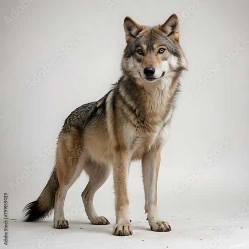 A wolf with a white background and a black nose.