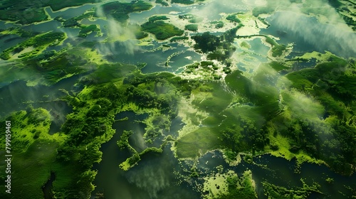 Aerial View of Vibrant Green Toxic Swampland Emitting Eerie Mist and Dotted with Sunken Dark Areas