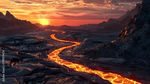 Fiery Flows Molten Rivers Carving Through a Dramatic Volcanic Landscape