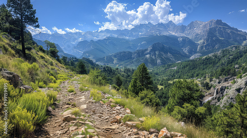 A panoramic view of the Andellidos trail in Benasque, Spain, showcasing the rugged mountainous terrain and lush greenery on both sides. Created with Ai