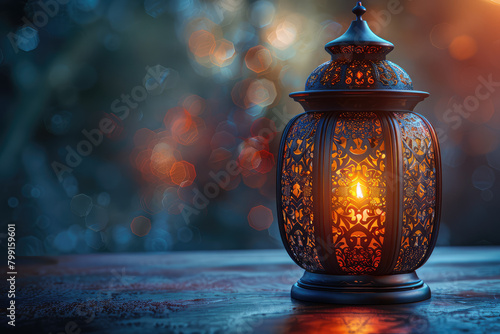 A beautifully crafted lantern with intricate patterns  glowing softly in the darkness on an outdoor table. Created with Ai