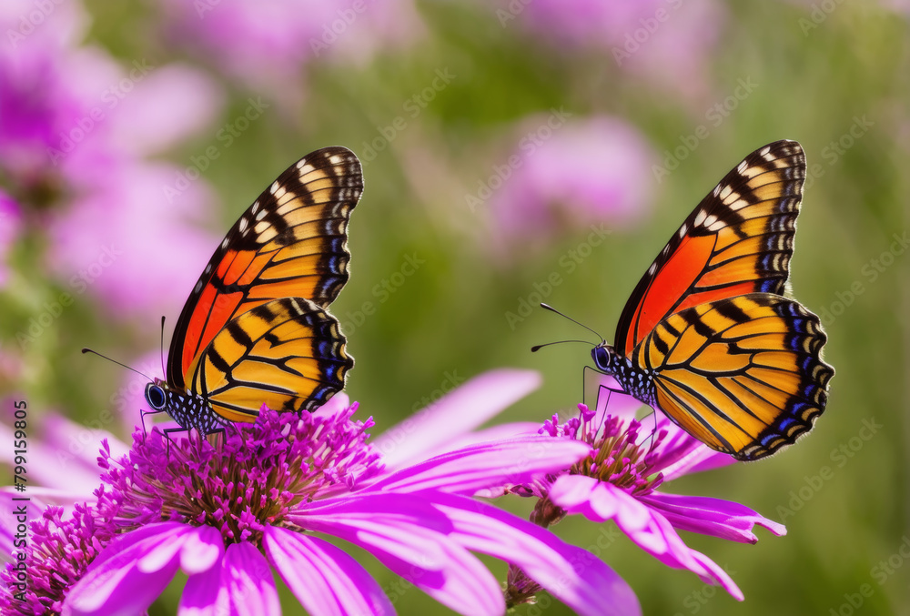 Naklejka premium Macro shot of a vibrant butterfly on alpine flowers, pollinating in a mountainous environment. AI generated.