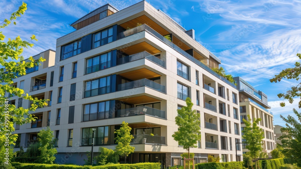 A fresh-looking new building with apartments in a green area under a blue sky,urban residential apartment building,Vertical garden in modern city. Green tree forest on glass building. Generated AI