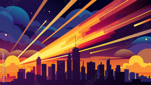Bright streaks of light shooting across the dark sky painting a spectacular scene above the cityscape.. Vector illustration