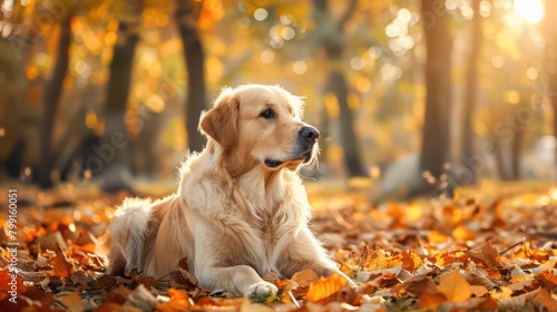 Golden retriever outdoors in a park in autumn season,Golden retriever walking outdoors during autumn surrounded by fallen leaves,Dog, golden retriever jumping through autumn. Generated AI