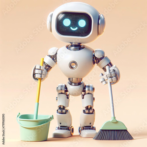 robot holding a broom for cleaning