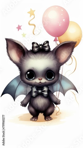 Cute bat with a bow tie holding a party invitation, watercolor clipart, single object, isolated on white background, great for playful Halloween party announcements