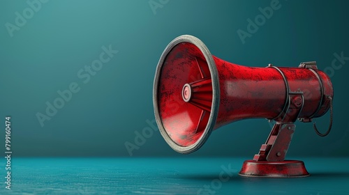 Business people announce on megaphones with an exclamation point to signal important announcements, attention reminders, breaking news, and emergency messages. photo