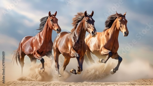 Group of horses running gallop in the desert Horses with Long Mane Portrait Run Gallop in Desert Group of horses running gallop in the desert. Generated AI