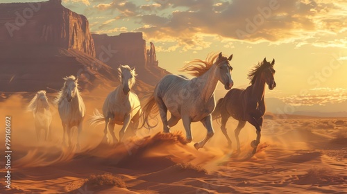 Group of horses running gallop in the desert Horses with Long Mane Portrait Run Gallop in Desert Group of horses running gallop in the desert. Generated AI