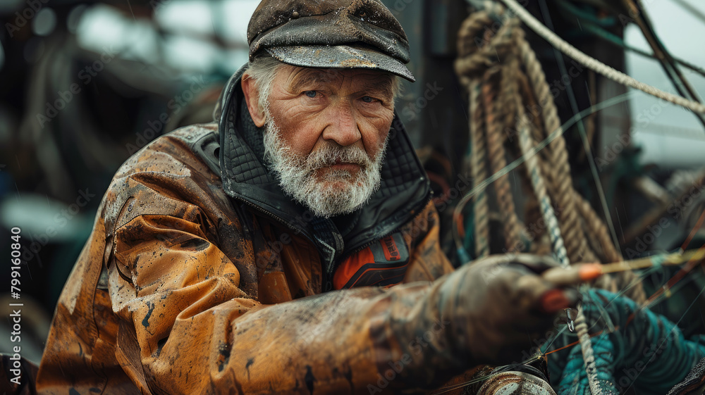 Fototapeta premium An elderly fisherman working with gear.