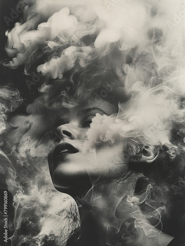 Black and white portrait of a woman with billowing smoke around her head.
