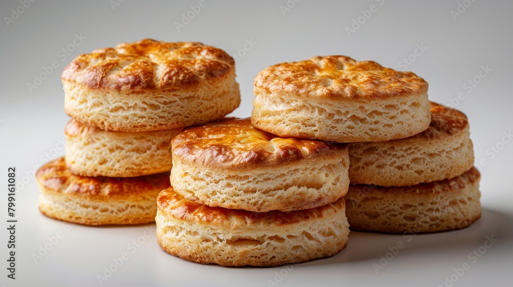 A white background is adorned with scones stacked on top of one another