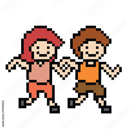 Cute pixel cartoon 8bit character man woman run together running lifestyle vector decoration life style 8 bit run together love marathon bib exercise vector.