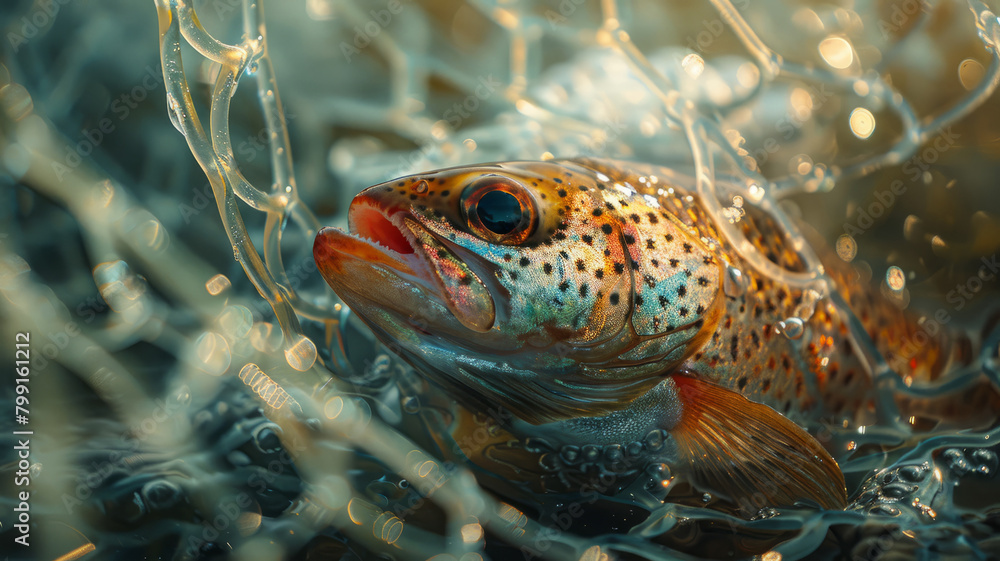Close-up of trout in a fishing net Close-up of trout in a fishing net