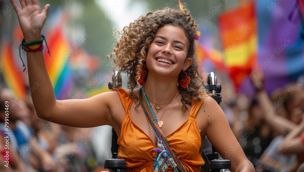 Empowered Woman in Wheelchair Celebrating Political Victory in Vibrant Urban Rally