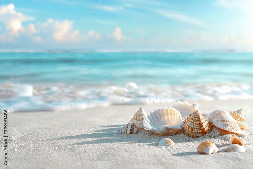 Serene Seaside Beauty: Summer Vacation Background with White Sand Beach and Blue Waters Serene Seaside Beauty: Summer Vacation Background with White Sand Beach and Blue Waters