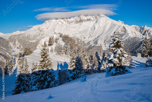 The summit of Presolana in a snowy winter landscape, Italian Alps, Lombardy, Italy.