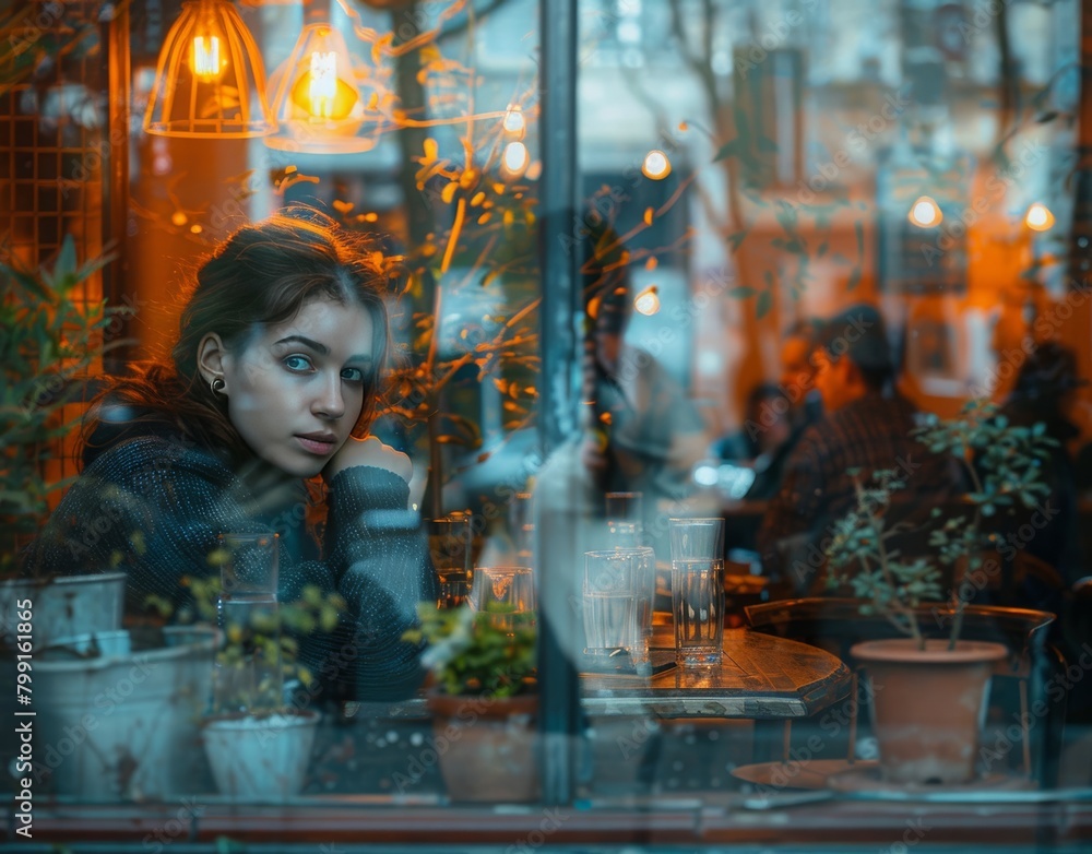 a girl is sitting in a restaurant and looking through the window, pensive. We can see reflections of the street, buildings and cars in the window. a girl is sitting in a restaurant and looking through the window, pensive. We can see reflections of the street, buildings and cars in the window.