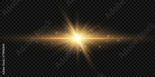 Horizontal lighting effects. Bright golden shimmering translucent light on a transparent background.