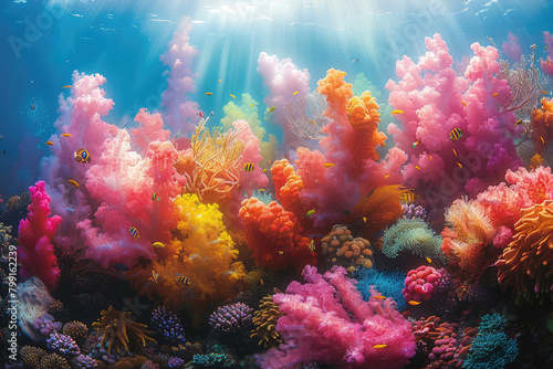 A vibrant coral reef wall covered in various blue, purple and orange flowers. Created with Ai