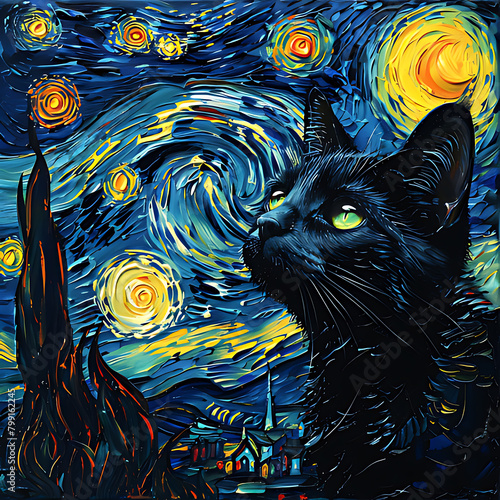 Black Cat Starry Night ,Digital Seamless Pattern, Painting Digital Paper , cat Clipart, Hand Drawn , Abstract cat  Clipart, cat Illustrations, Sublimation Design,  Colorful cat , Planner Stickers,Abst