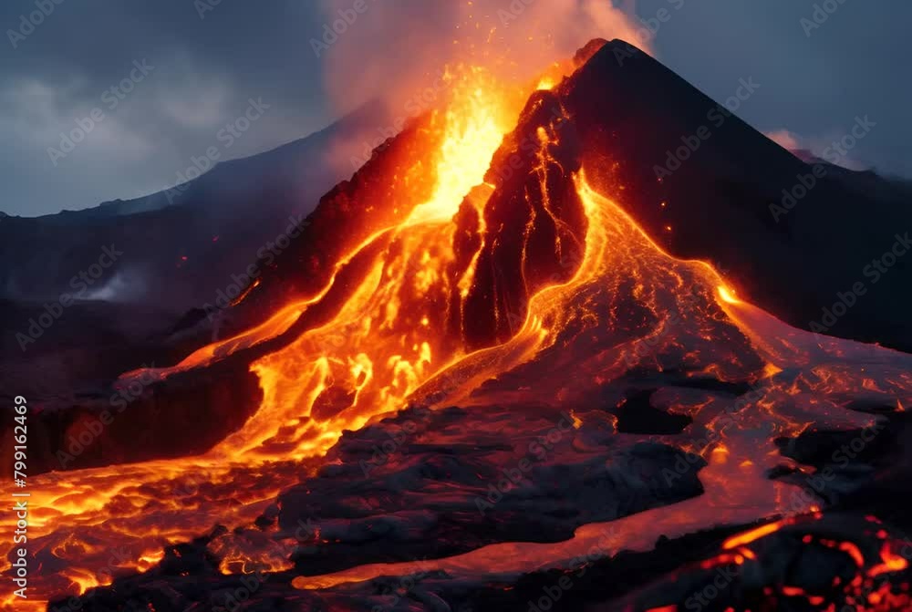 a huge volcano erupts against the sky, fire, lava, smoke a huge volcano erupts against the sky, fire, lava, smoke