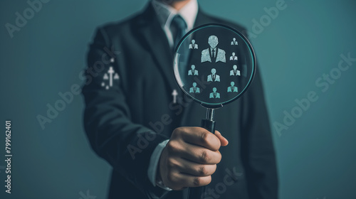 Executive searching through magnifying glass on human icon, signifying leadership and human resources scrutiny