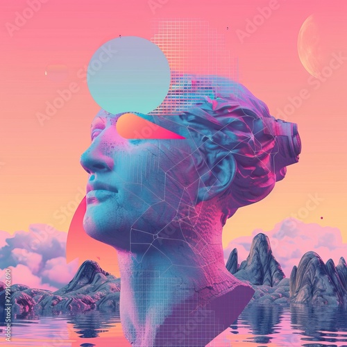 surreal landscape with a classical statue of a woman's head in the foreground. The statue is surrounded by pink clouds.