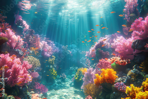 Beautiful underwater coral reef with colorful corals and fish, sunlight filtering through the water. Created with Ai