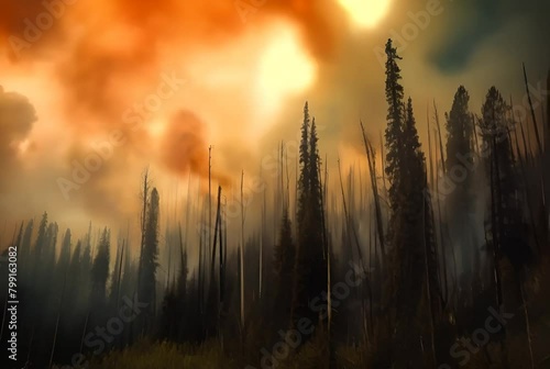 Catastrophic forest fires create a fiery spectacle, with trees engulfed in flames and the sky painted with smoke
 photo