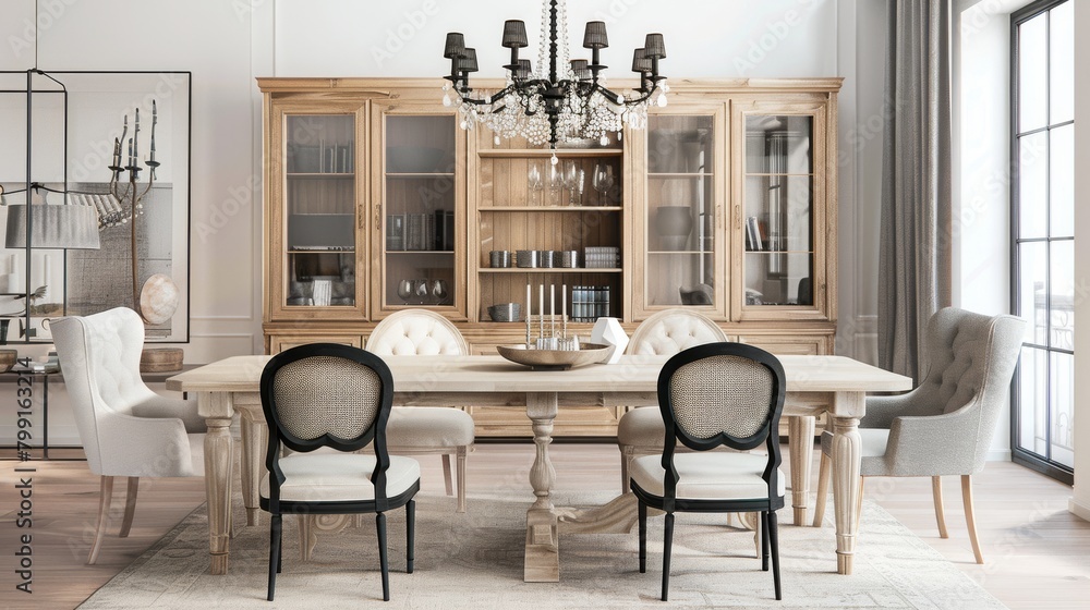 Elegant dining room interior with classic furniture and modern accents