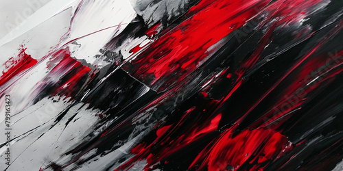 Abstract oil painting with chaotic red and black brush strokes on canvas, emotional expression through art. 