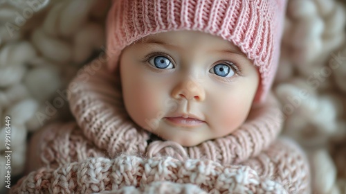 This is a cute little baby girl wearing a pink knitted hat with a parenting or love concept.