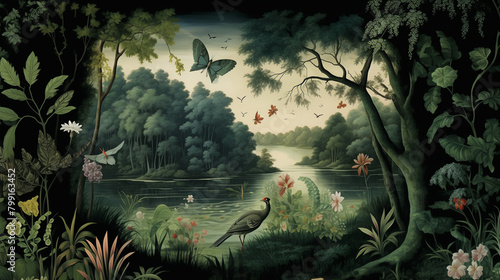 Vintage wallpaper of forest landscape with lake  plants  trees  birds. Generative AI