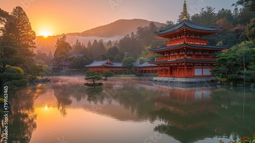 Buddhist temple with peaple at sunset time. photo