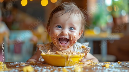 An adorable baby girl is playing with food. The child is eating yogurt. There is a stain on the face of the happy child. A portrait of a baby eating paints her face with dirt. photo