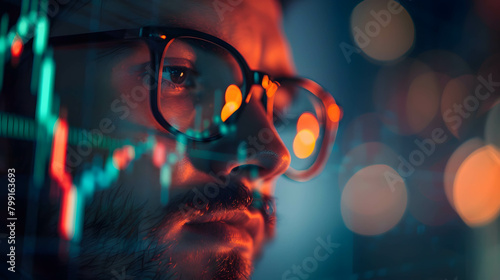 Man with glasses looking to chart pattern, financial data, technical graph, investment plan and analysis, focus on trading decision