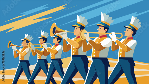 The high school marching band shiny instruments glinting in the sunlight plays a rousing rendition of the national anthem.. Vector illustration