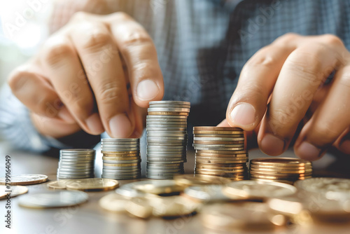 Hands with coins on a table, a businessman making a stack from gold coins for budget planning or saving money, investment planning and diversify portfolio