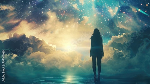 Mental Health concept: Silhouette alone woman standing on abstract of heaven background Ascension Day