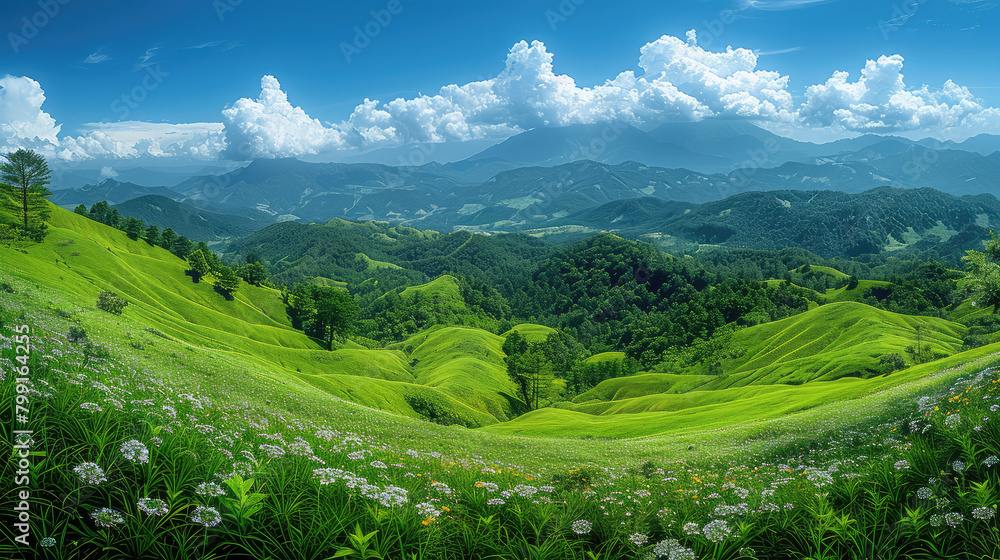 A breathtaking aerial view of the lush green hills under a blue sky, creating an enchanting and majestic landscape.  Created with Ai