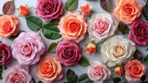 Various rose heads on white background. Flowers and leaves scattered on a table  overhead view wallpaper. Top view flat lay. Nice border.