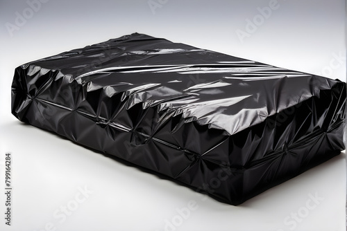 Transportation-ready object secured in black plastic wrap, ideal for logistics and shipping themes photo