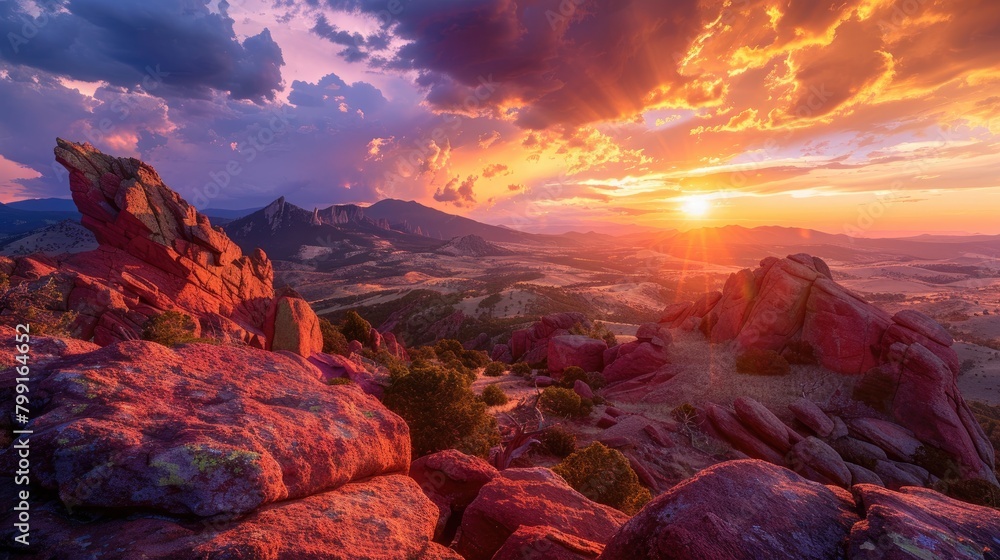 Scenic Sunset Amid Mountain Rocks with Vibrant Sky and Open Space