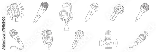 Collection of microphones isolated in doodle style. Outline microphone sets. Hand drawn vector art.