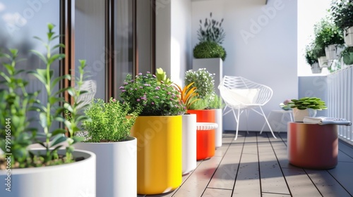 Modern apartment balcony with colorful planters and stylish outdoor furniture © Georgii